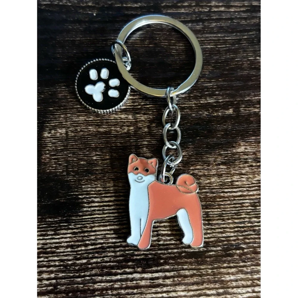 Shiba Inu Dog Keychain Orange White Enamel Paw Print Charm Silver Tone Pet Lover